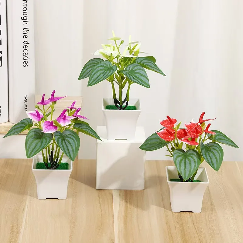 Artificial plant indoor anthurium feel fake flower simulation pot home office decoration small pot tabletop decoration