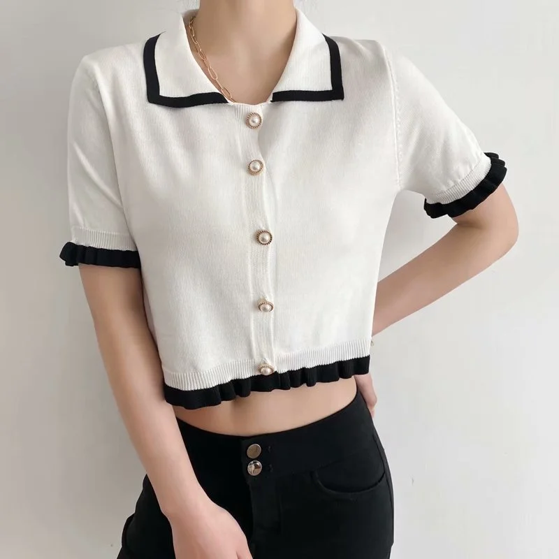 
Женская трикотажная одежда, милая однотонная пуговица с воротником поло, женские кроп-топы, Свободный вязаный пуловер с коротким рукавом из дерева, свитер для девочек 