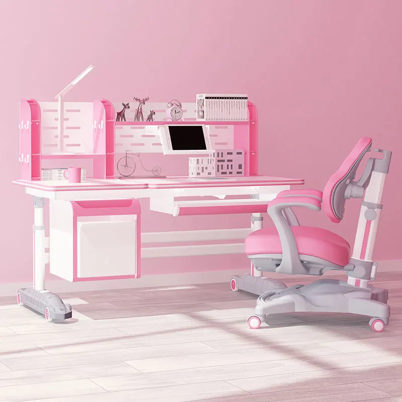 cheap colourful children study wood table and chair  Pink  Set for children