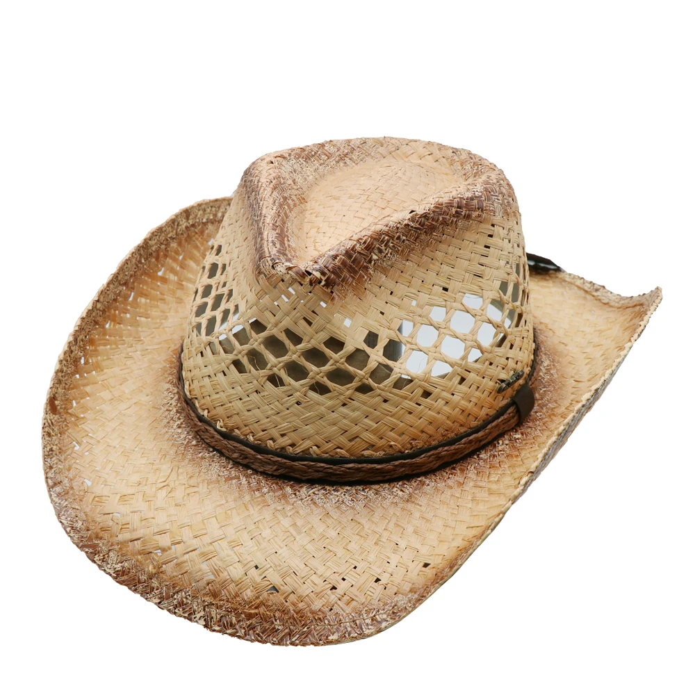 Outdoor Beach Sun Protection Western Style Straw Cowboy Hat Empty Top Straw Hat Visor Hat