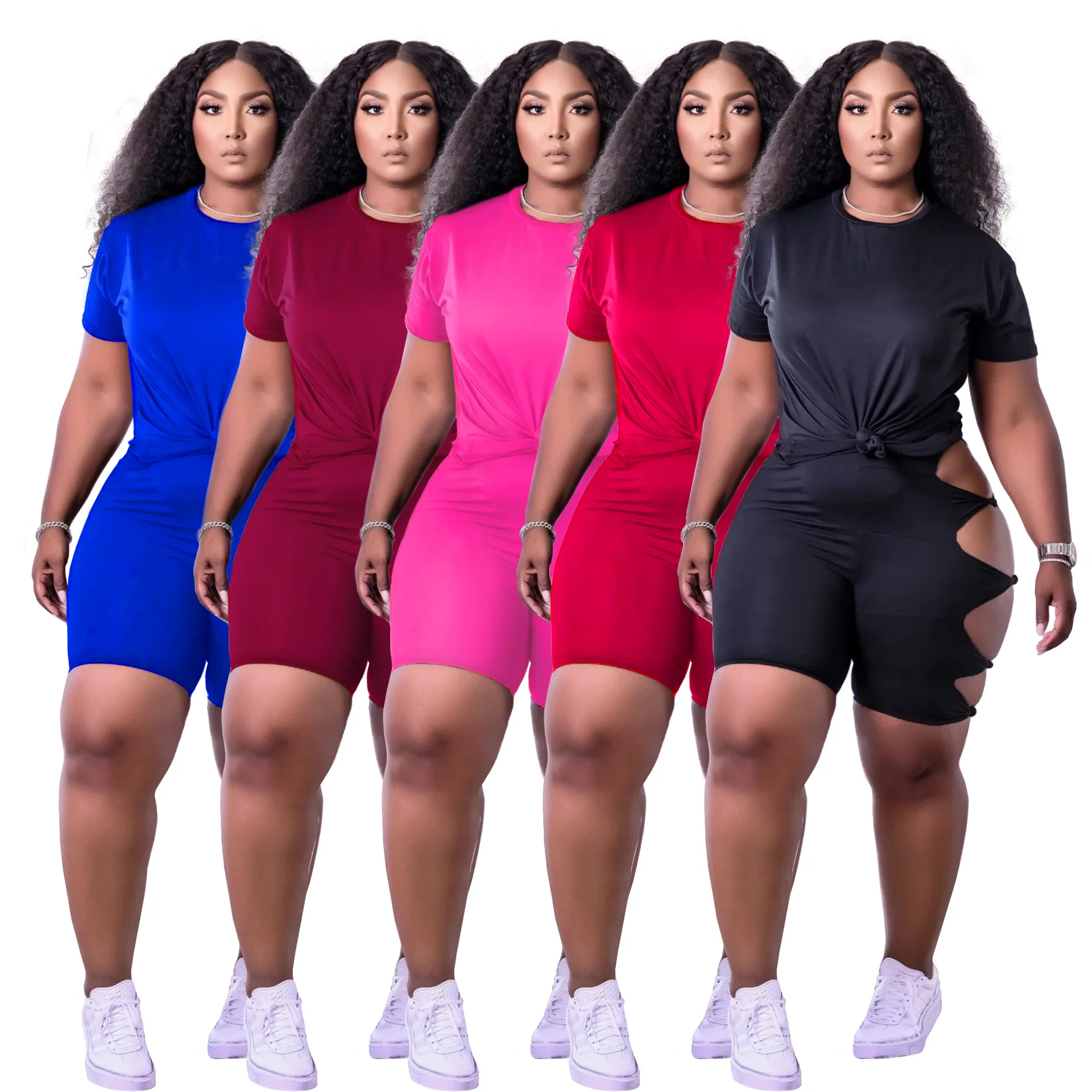  Amazon hot sale Summer new large size ripped strap fashion casual set