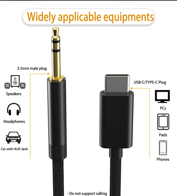 1 Meter USB Type C Male Plug to 3.5MM Male Headphone Audio Aux Cable