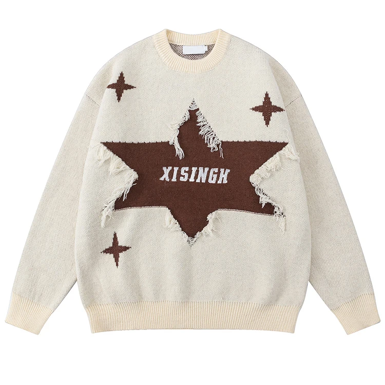 Wholesale Winter Star Cashmere Alpaca Pattern Knitted Sweaters Loose Crew Neck Pullover Casual Knit Men Sweater