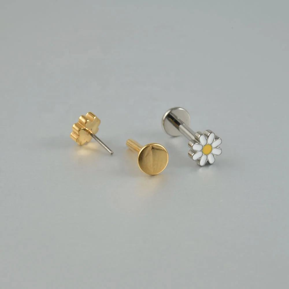 ASTM F136 Titanium Threadless Labret Ear Helix Tragus Daisy Flower Flat Back Push-in  Earring Piercing Jewelry
