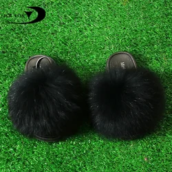 Fur Home Slippers For Women Flat Sole Kids Luxury Raccoon Fluffy Cute Flats Beach Real Fox Fur Slippers