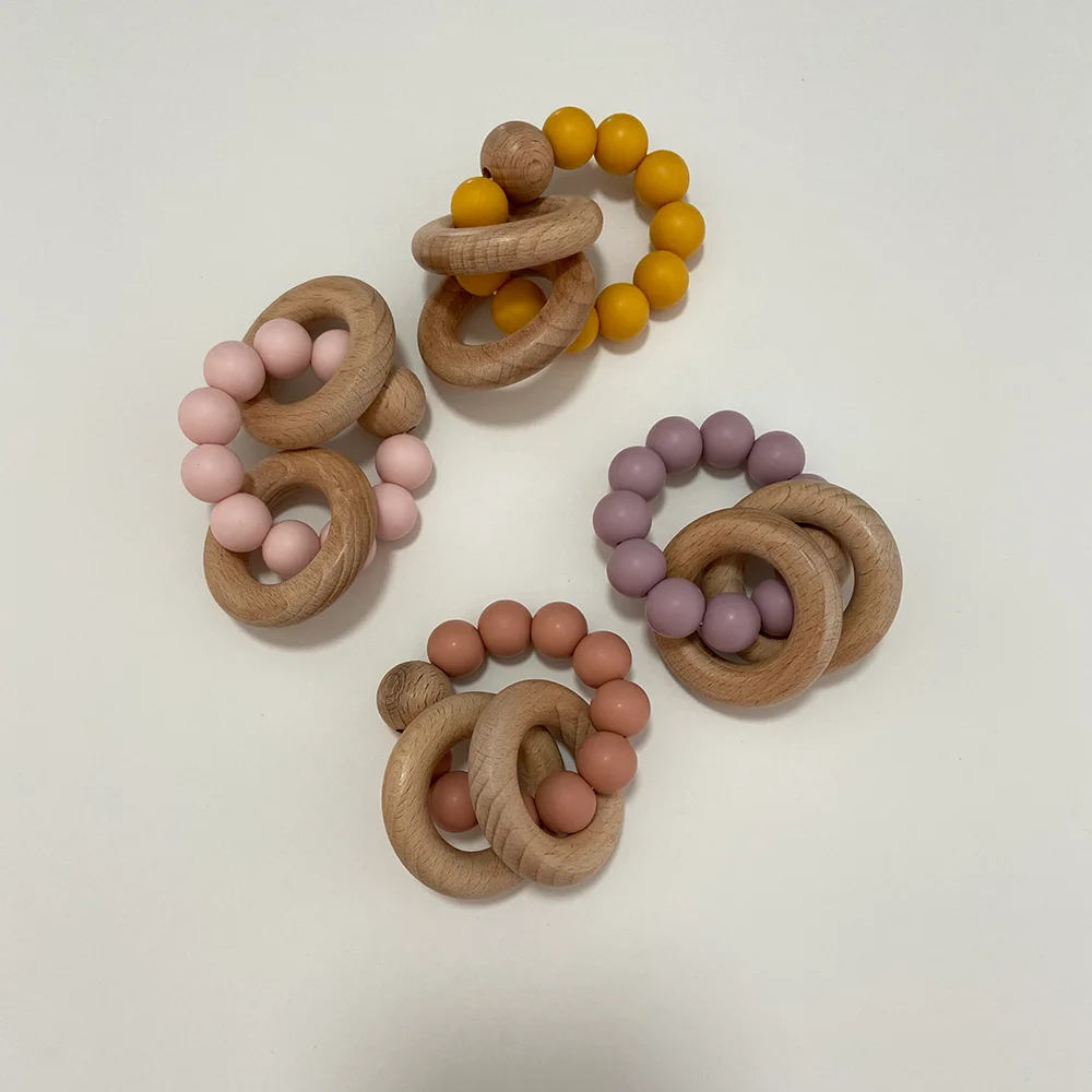 
2021 Popular Natural Rubber Teether Silicone Baby Wooden Teething Ring 