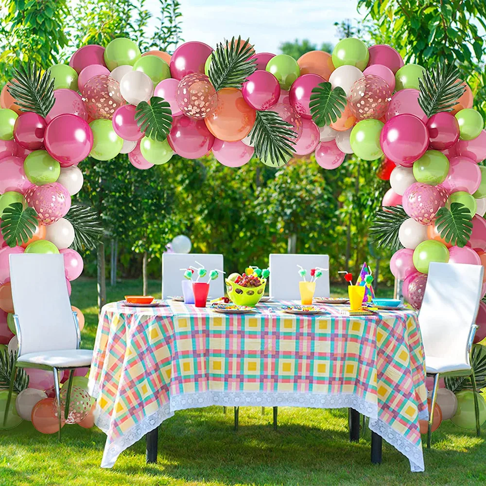 Hawaii Tropical Style Carnival Summer Holiday Palm Leaves Green Fuchsia Fruit Pitaya Color Latex Balloon Garland Arch Set