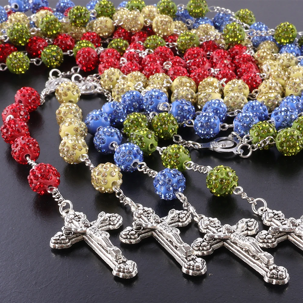 New design 10mm glass rhinestone ball rosary necklace high quality catholic rosary necklace