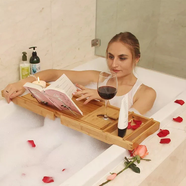 Оптовая продажа, раздвижной стол для ванны, Регулируемый Поднос для ванны, бамбуковый Регулируемый Поднос для ванны