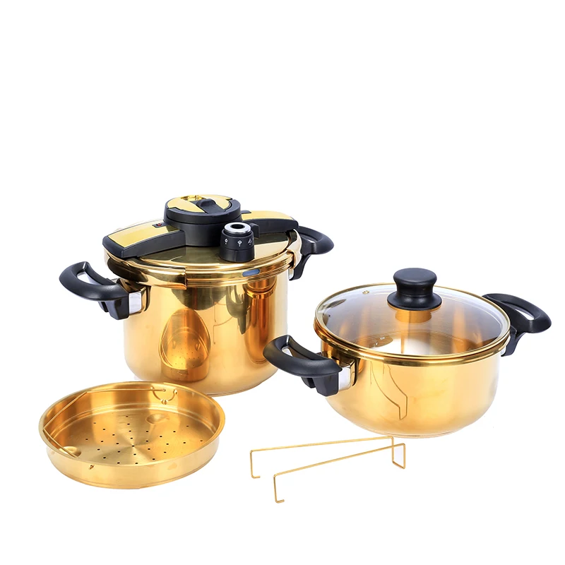High quality 301/201 stainless steel pressure cooker with steam grill, glass cover, silicone ring, 5L+7L/4L+6L cooker set, 60-10