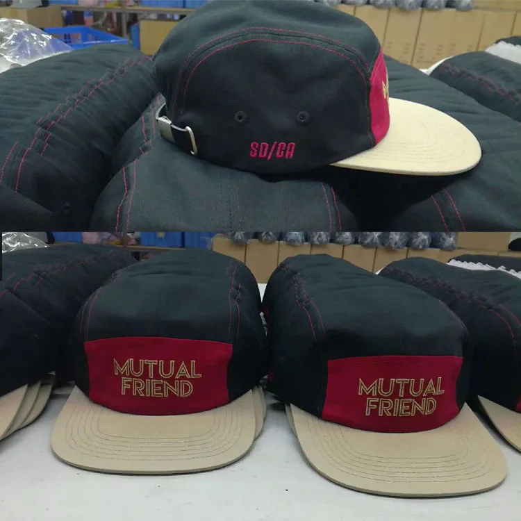 
Manufacturer Wholesale Black Cotton Plain Woven Label 5 panel Camping Cap Hat Flat Brim 