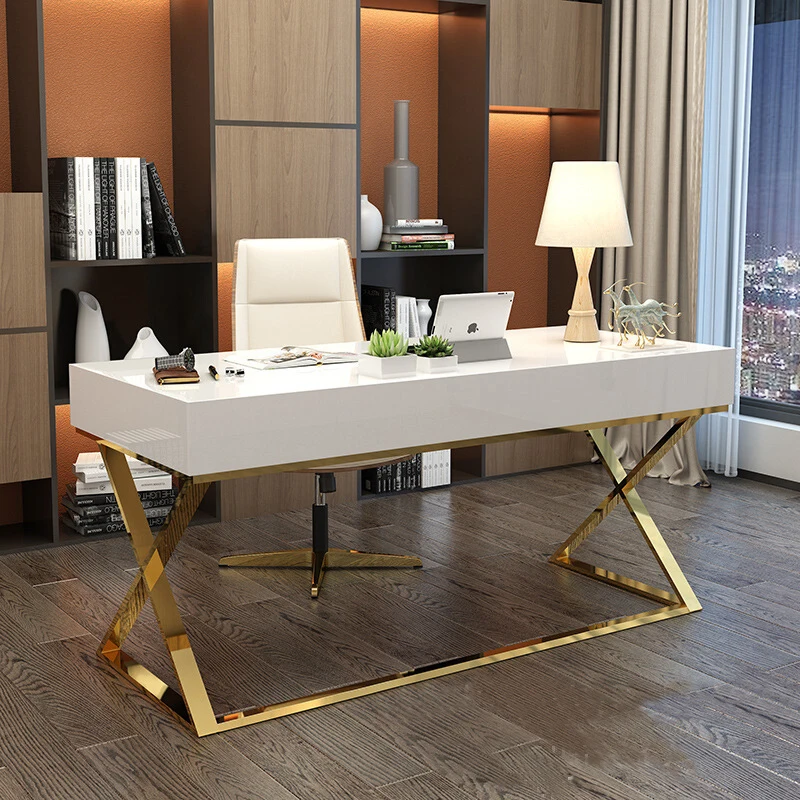 Роскошный современный стол из МДФ со стеклянной крышкой и золотым металлическим основанием классический черный белый кожаный стол с вращающимся стулом для домашней кабинета