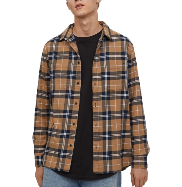 Winter Plaid Shirts Men Fashion Custom Logo Loose Casual Cotton Brushed Flannel Shirts