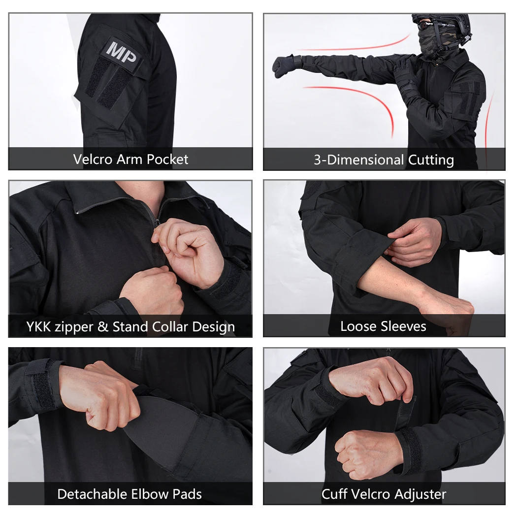 IDOGEAR Men Rapid Assault Black Tactical Top Long Sleeve Shirt Combat Clothing G3 Combat Shirts with Elbow Pads