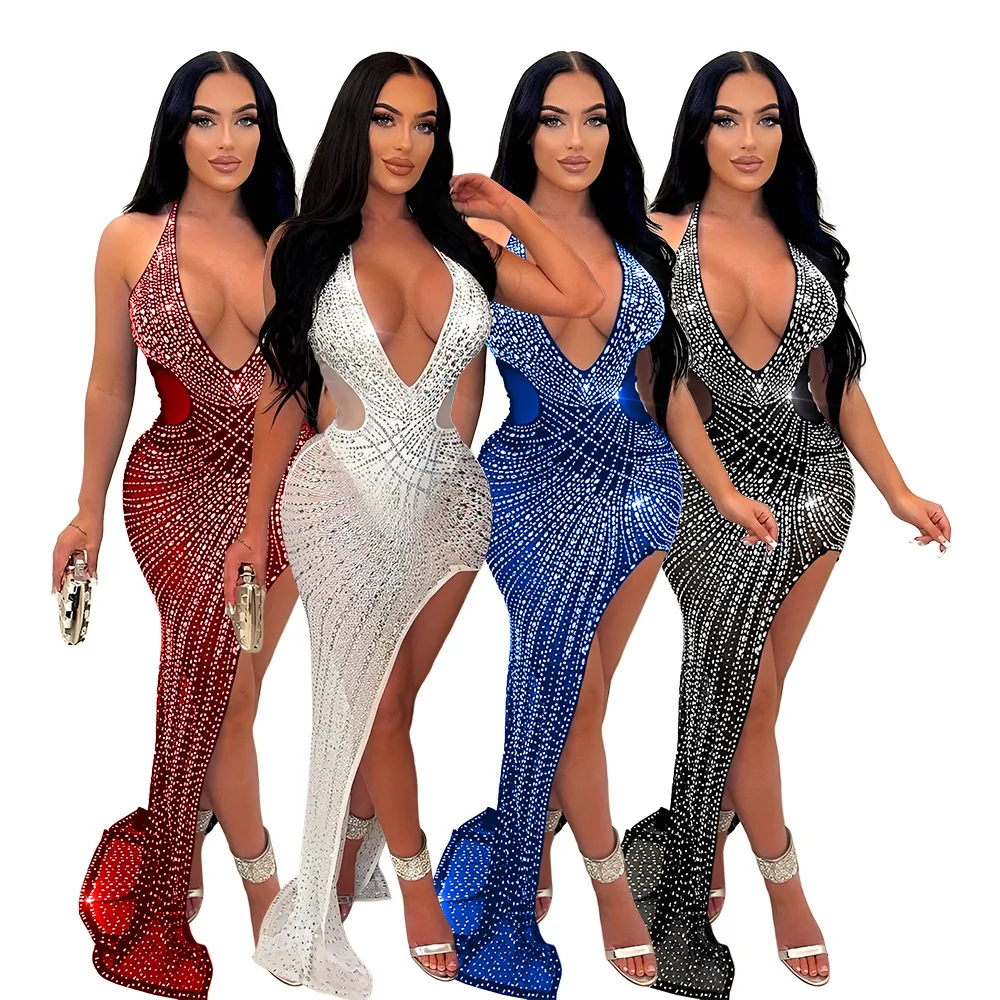 Womens Sexy Plunge V Neck High Side Split Halter Dinner Dress Mesh Cut Out Rhinestones Irregular Hem Long Evening Dresses