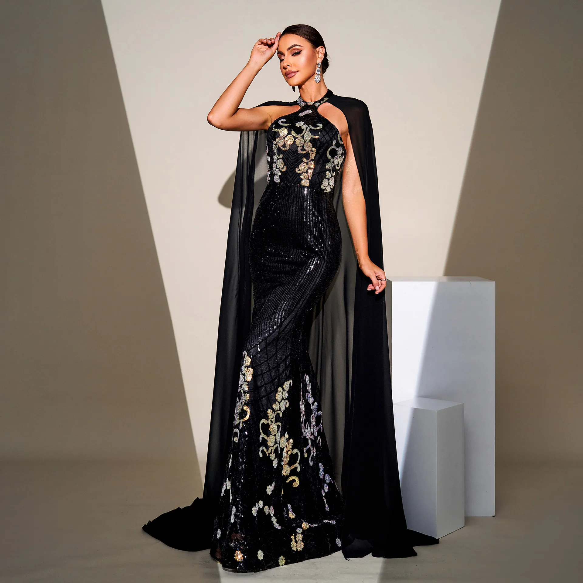 2025  Elegant Floral Pattern Halter Long Sequin Mesh Shawl Evening Dress Female Party Bridesmaid Summer