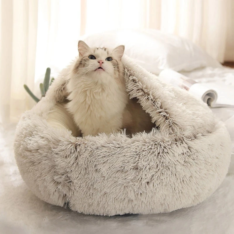 winter New Design washable Plush Cushion Soft Warm Round Half Pack House Deep Sleeping Fluffy Cat Mat Pet Bed