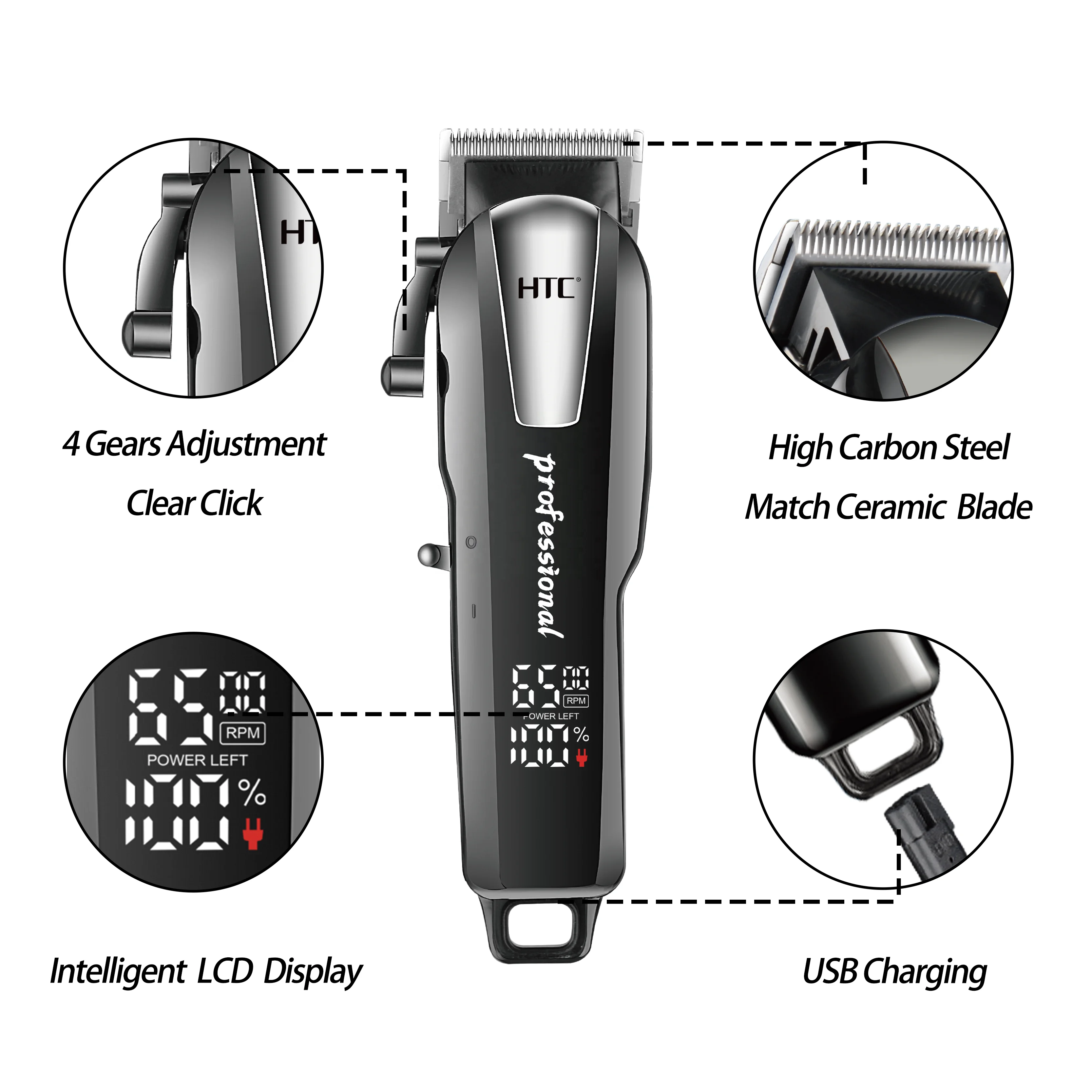 HTC CT-8083 Ceramic Blade Hair Clipper Barber Luxury Digital Display Hair Clipper Professional Constant Voltage