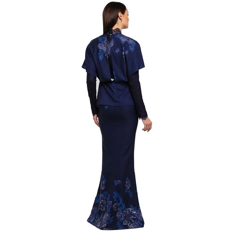 New Style Fashion Baju Kurung Drak Blue Long Sleeves Baju Kebaya Muslim Dress Islamic Clothing