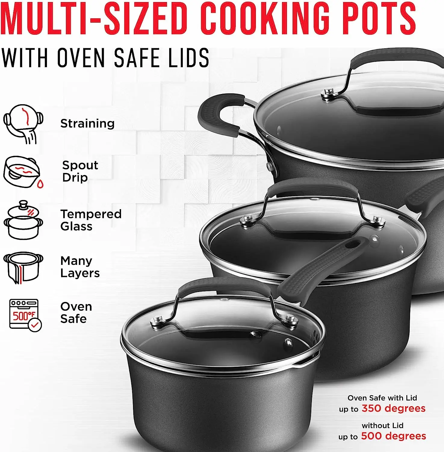 Cookware Set 23 Piece Black MultiSized Cooking Pots with Lids Skillet Fry Pans and Bakeware Reinforced Pressed Aluminum Metal