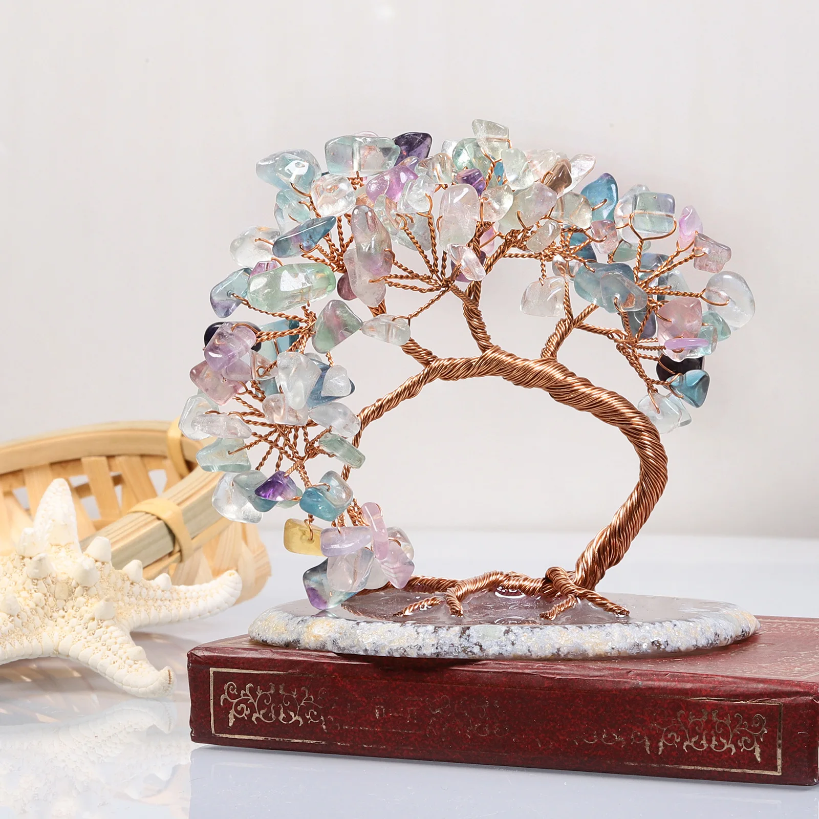 Natural Gemstone Quartz Healing Crystal Feng Shui Money Tree with Agate Slice Base