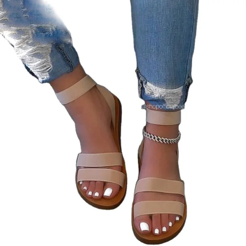 Elastic two bands Strappy Slingback Sandal,Ankle High Flat Sandals,ladies sandals