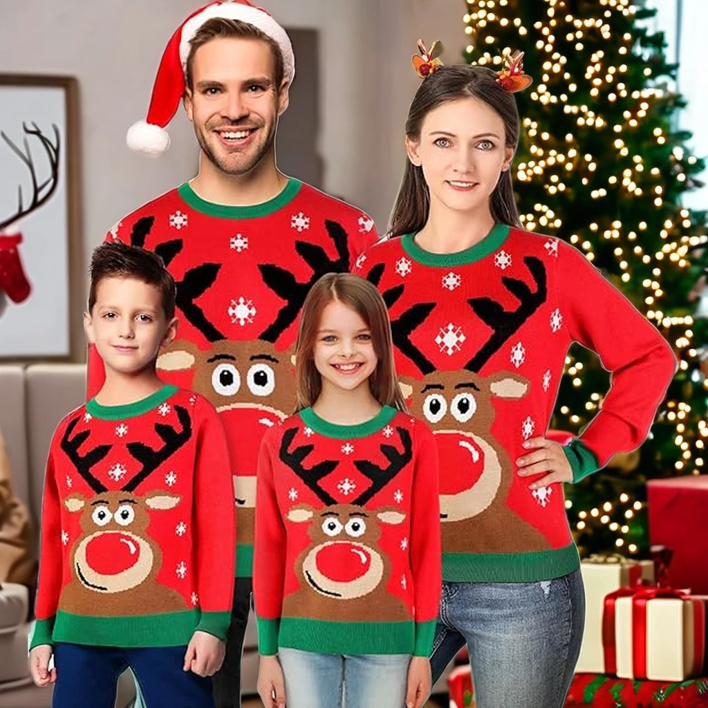 Custom OEM/ODM Long Sleeve Knitted Elk Pattern Men Xmas Sweaters Jacquard Casual Warm Ugly Christmas Women Kids Family Sweaters