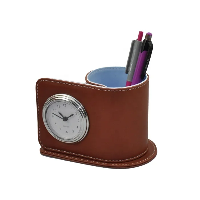 Офисный Настольный кожаный держатель для ручек, органайзер с часами