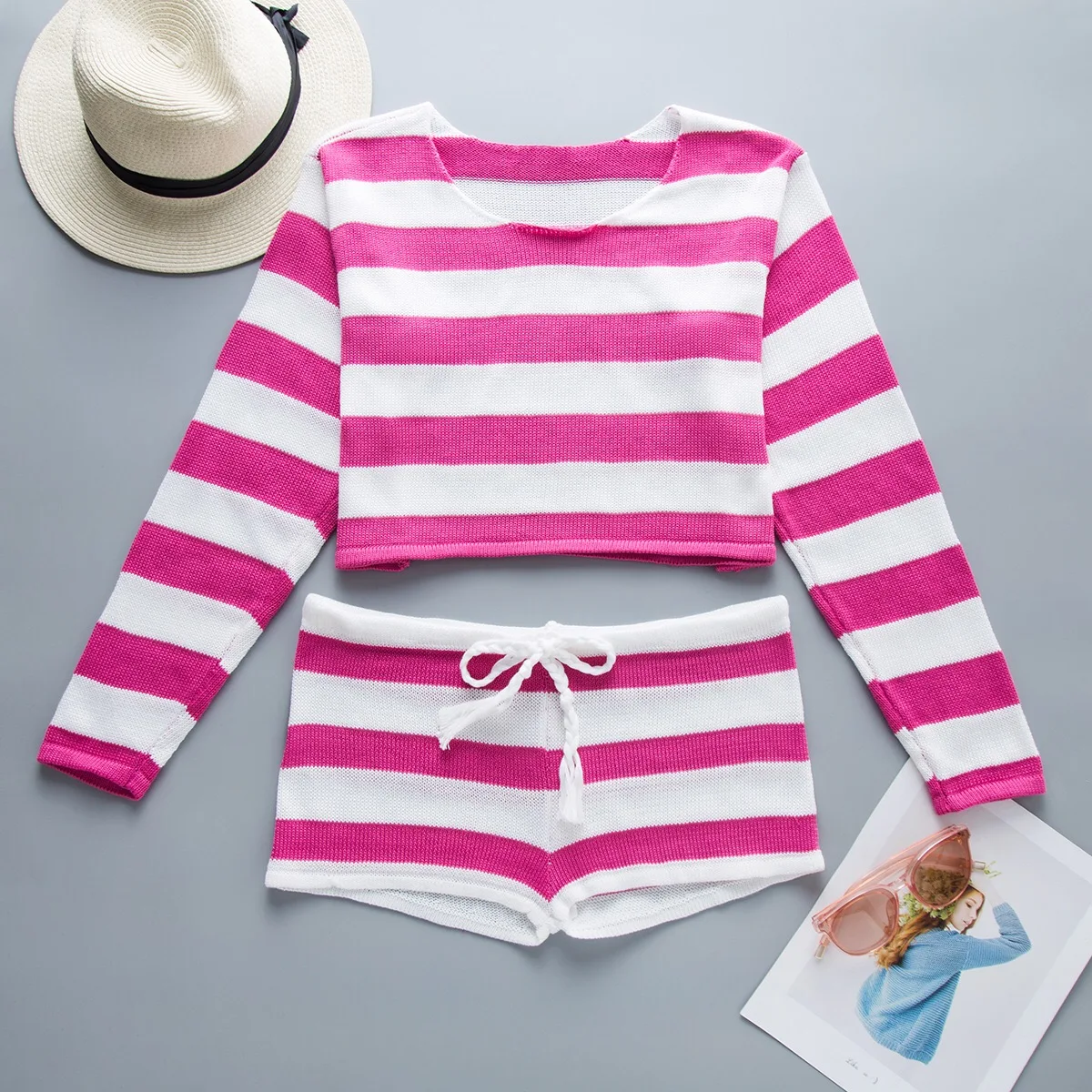 
Fashion Beach Style Custom Logo Ladies Two Piece Set Shirt Cloth Women Sweater 