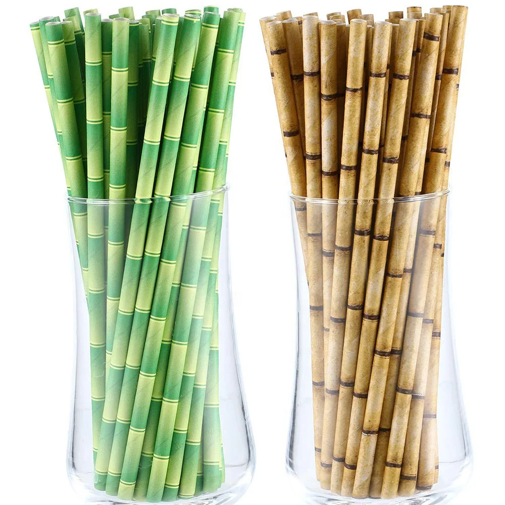 
Biodegradable Paper Straws Green Tan Bamboo Printed Paper Drinking Straws for Juices Shakes Party Supplies 