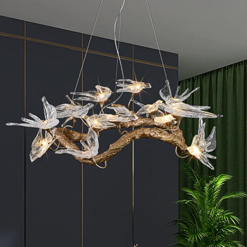 Swallow Copper Branch Living Room Chandelier Hotel Villa Dining Room Bedroom Art Bird Glass Chandelier Light