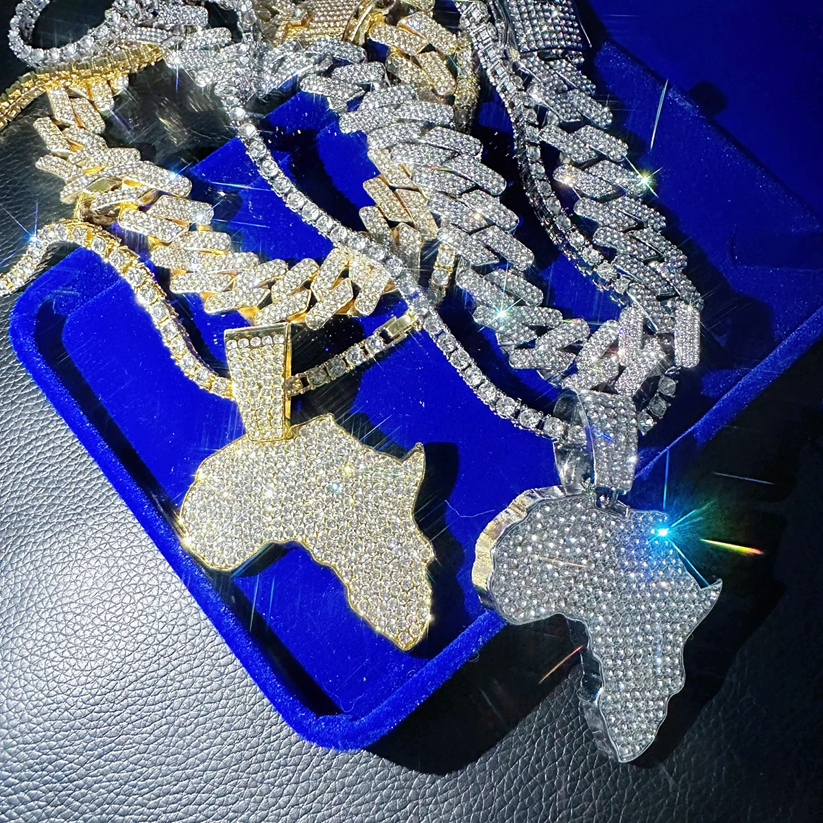 3PCS/SET Big Size Africa Map Pendant Necklace Women Men Hip Hop Layered Necklace Pendant with Tennis Chain