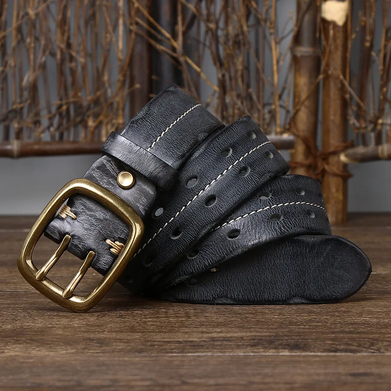 New retro personality trend to do old double buckle belt male leather pure cowhide Korean casual denim beltd