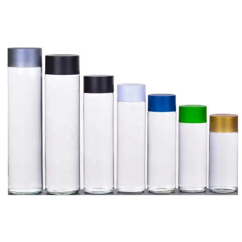 Cheap price transparent 800ml 750ml 500ml 375ml 200ml high flint juice drink beverage mineral water voss glass bottle with lid