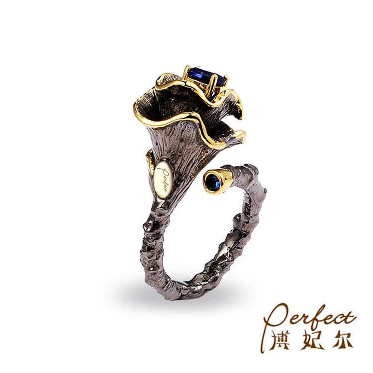 Handmade Fashion Blue Butterfly 925 Sterling Silver Ring with Gold Plated