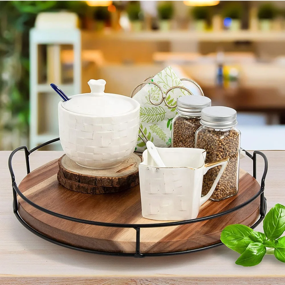 18 inches acacia wood tray round wooden decoration tray wood lazy susan turntable tray for countertop cabinet dining table