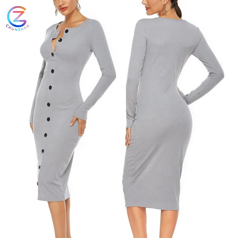
New Design Casual Knitted Dress Spandex Clothing Elegance Button Front Classic Sexy Night Party Women Dresses 