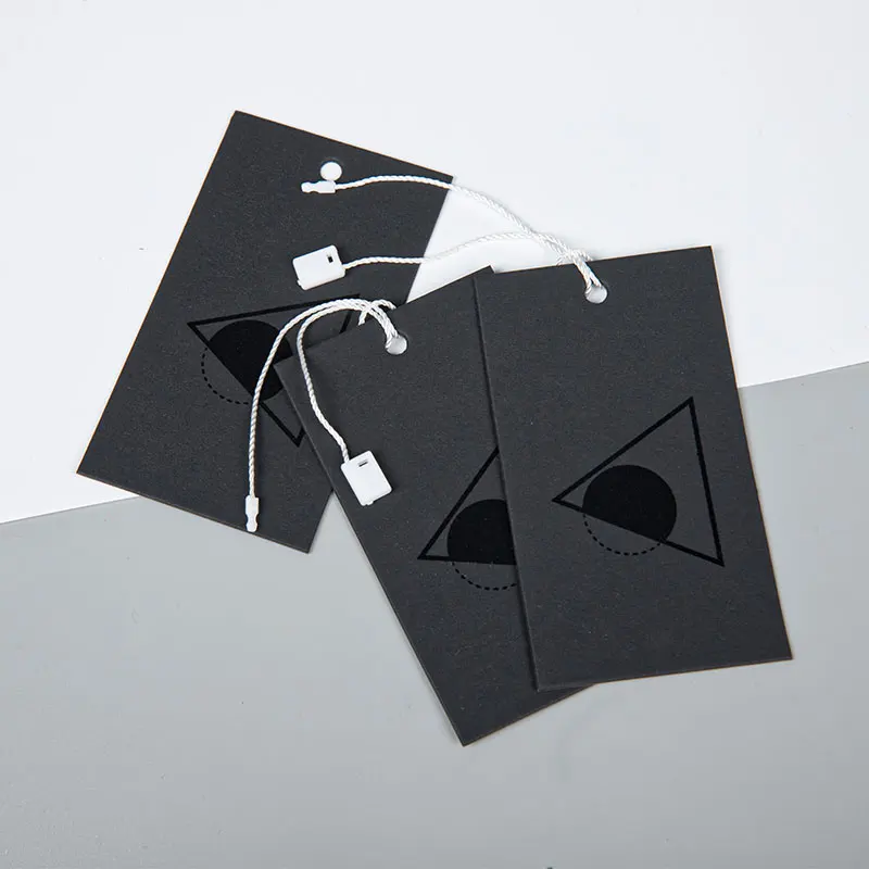 Custom logo hangtag gold foil printing hang tag square wax plastic cotton nylon lock cords for garment