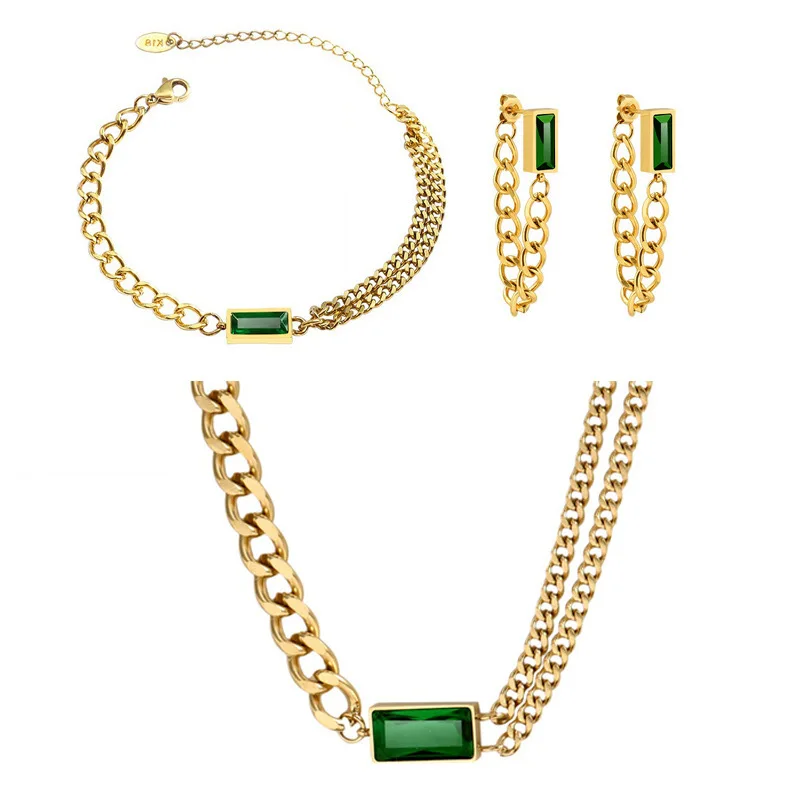 European and American Personality Emerald Zircon Square four-piece set necklace bracelet earrings ring suit