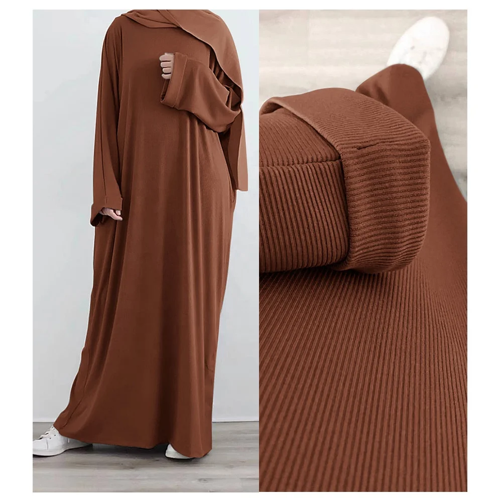 Plus Size Modest Islamic Clothing EID Ramadan Knitted Turkey Maxi Dress Muslim Fall Ribbed Abaya