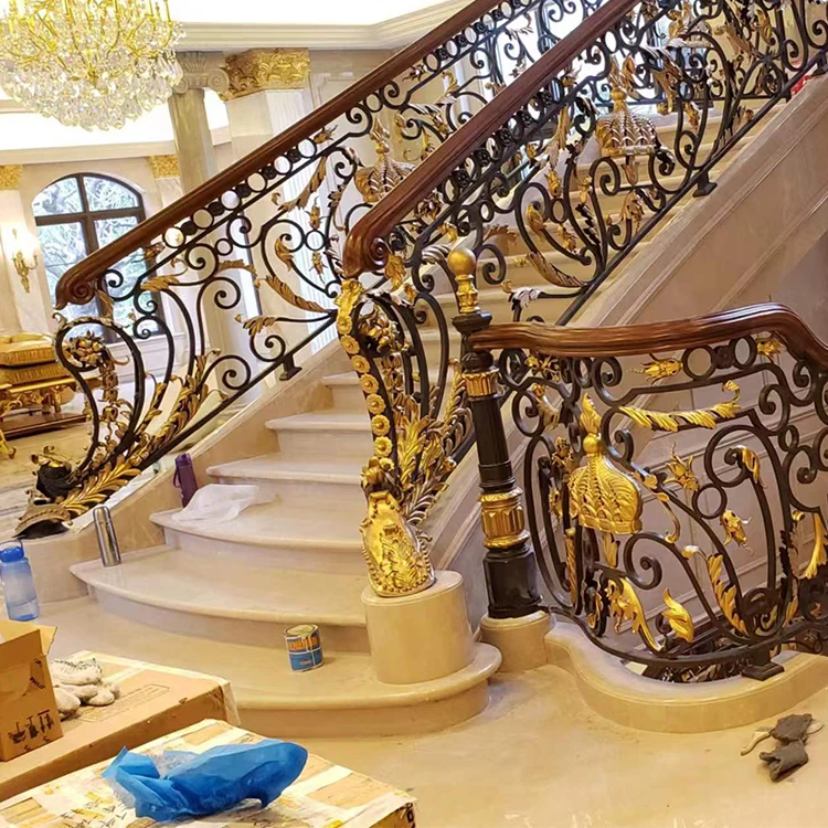 Antique Luxury Villas Wrought Iron Stair Entrance Decorative Interior Curved Stair Railing Metal Balustrade Balcony Design