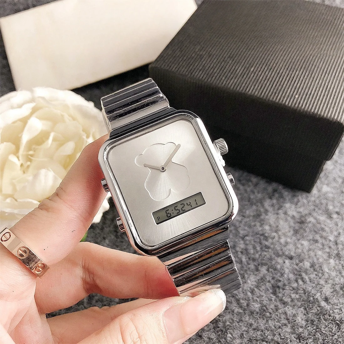Popular brand sweet watches for ladies Electronic Square Casual Dual Movement Bear Watch Custom Logo women toues wrist watches