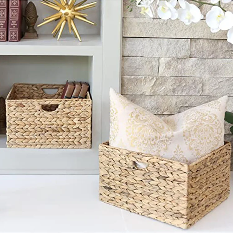 Handmade Foldable Woven Water Hyacinth Storage Basket Decorative Seagrass Wicker Shelf Basket With Handles