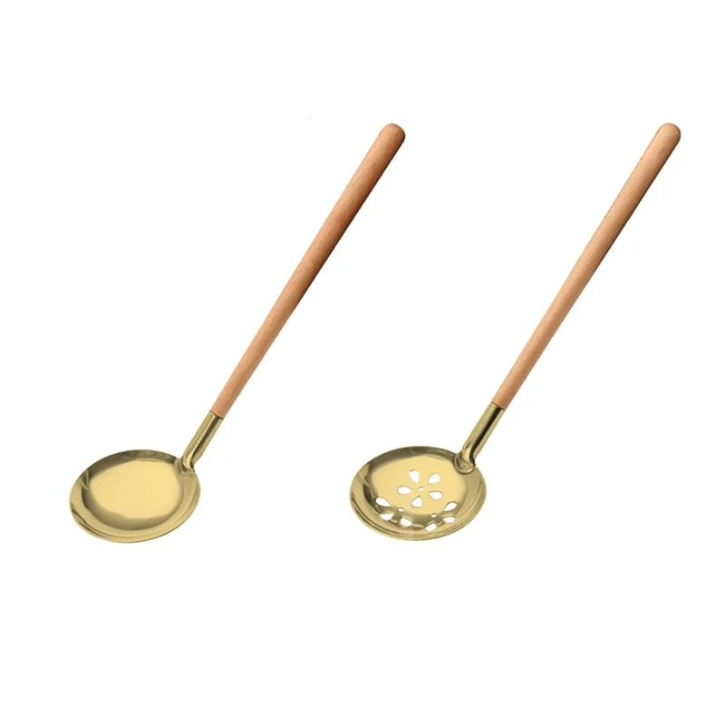 Корейская кухонная утварь ложка для супа из нержавеющей стали с деревянной ручкой и шлицевой