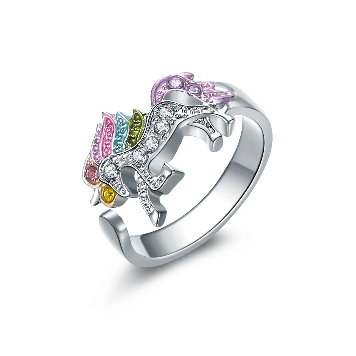 Silver Tone Little Princess Rainbow Unicorn Pendant Girl Ladies Fashion unicorn ring