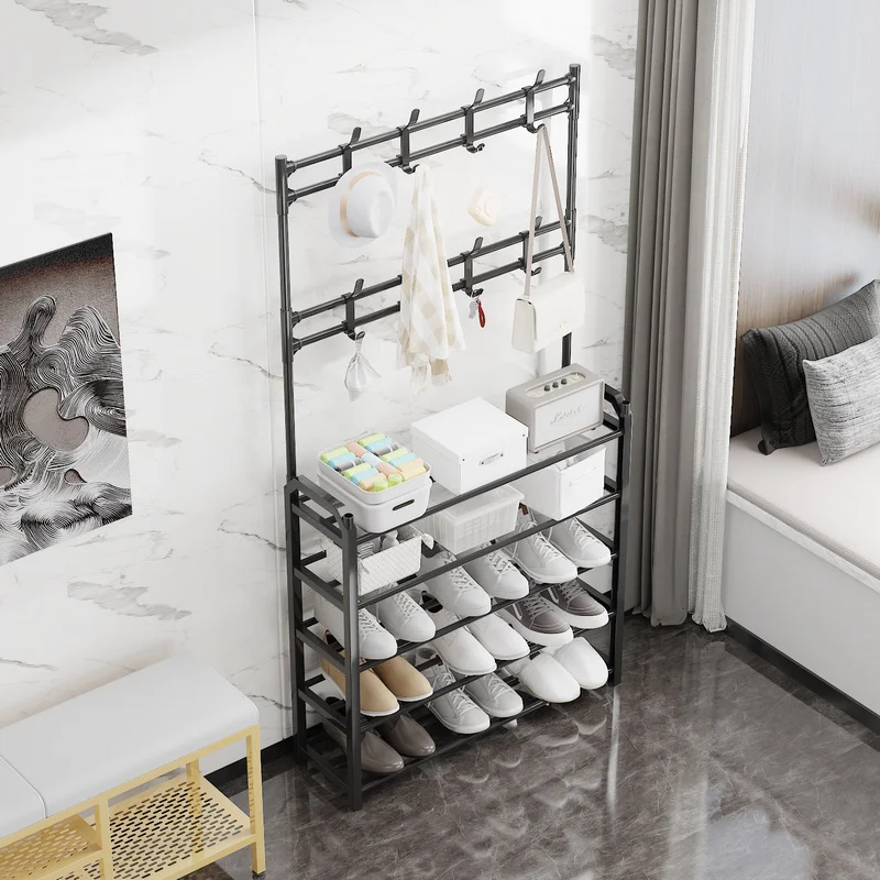 Folding Iron Shoe Organizer Stackable Tall Shoe Storage Rack Modern With Hangers