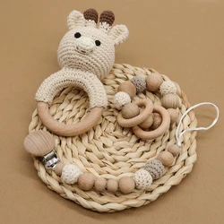 Hot sale handmade crochet toys animal elephant giraffe rabbit teethers children soother Rattle Toy baby wooden rattle