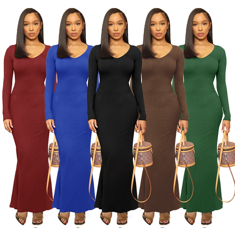 Elegant Ladies Casual Dress Solid Color V Neck Long Sleeve Knitted Bodycon Fall Winter Womens Maxi Dresses