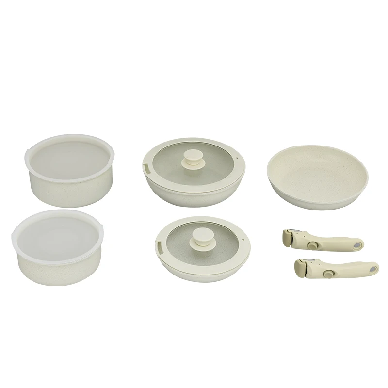 11pcs Pots and Pans Set Nonstick Cookware Detachable/Removable Handle Induction RV Kitchen Set Oven Safe Cream White