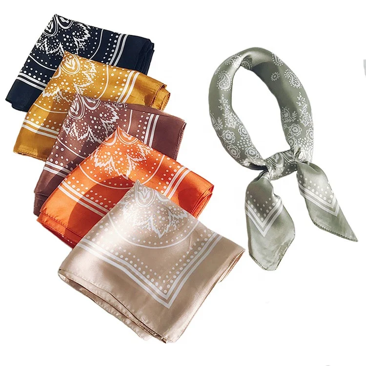 Wholesale fashion summer smooth women stripe printed square hair silk satin shawls and scarves scarf